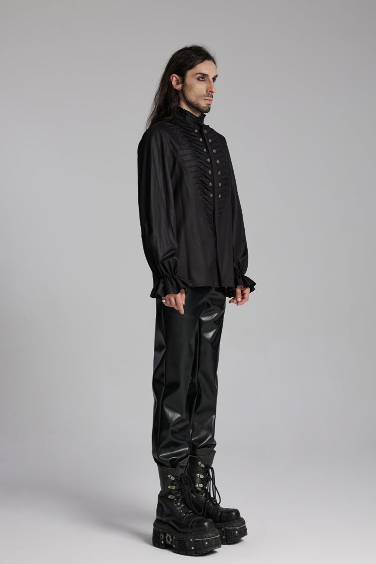 Black Long Sleeves Ruffle Beast Buckle Men's Gothic Blouse - Product - 2