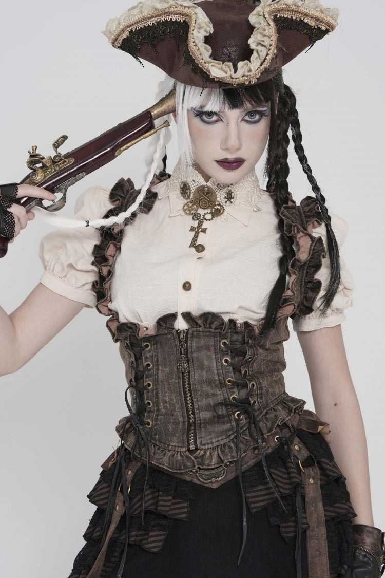 Bronze Bow Lace-Up Slim Zippered Women's Gothic Swallow-tailed Vest - Bronze - 11