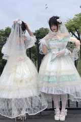 Green [Spring of Boliya] Long Sleeves Multi-Layered Ruffle Bowknot Lace Lace-Up Sweet Princess Lolita Dress - Product - 18
