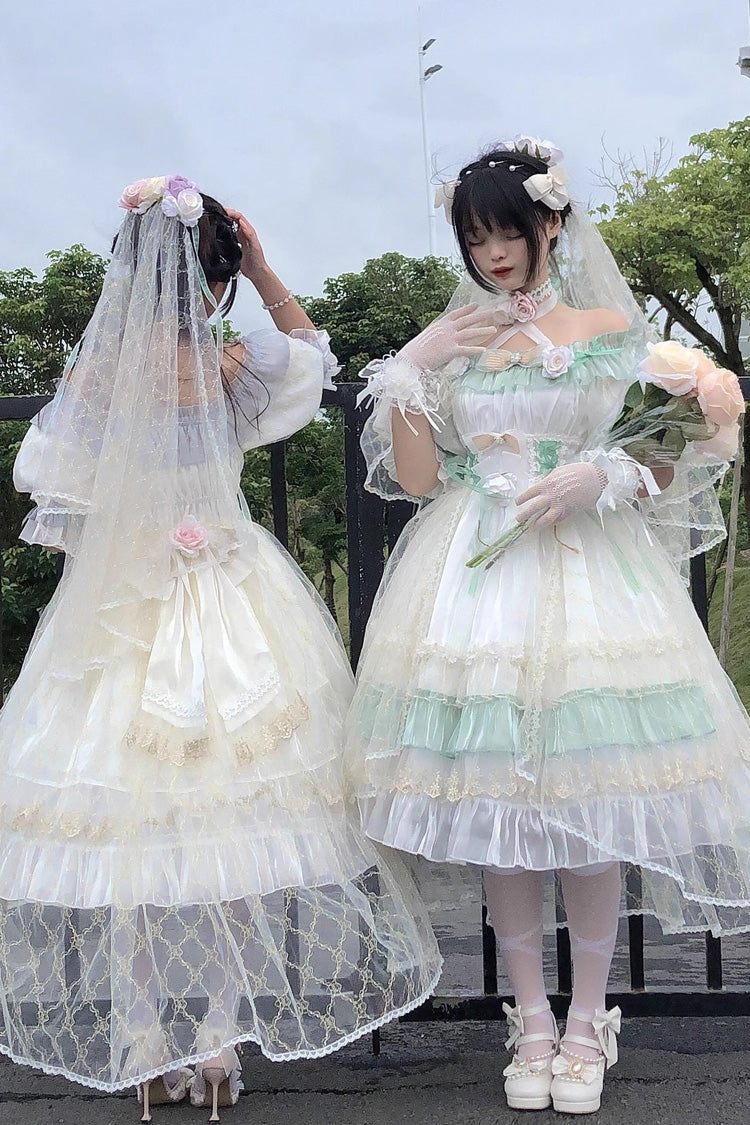 Green [Spring of Boliya] Long Sleeves Multi-Layered Ruffle Bowknot Lace Lace-Up Sweet Princess Lolita Dress - Product - 18
