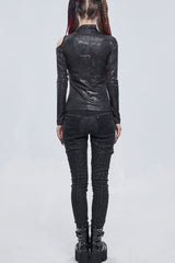Bronzer Punk Cracked Stretch Knitted Fabric Chest Cutout Design Buckle Strap Decoration Long Sleeves Women's Shirt - Product - 9