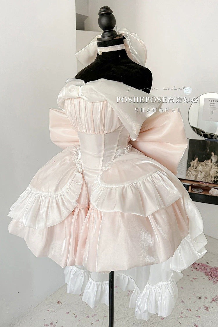Pink Boat Neck Ruffled Bow Sweet Princess Lolita Dress - Product - 3