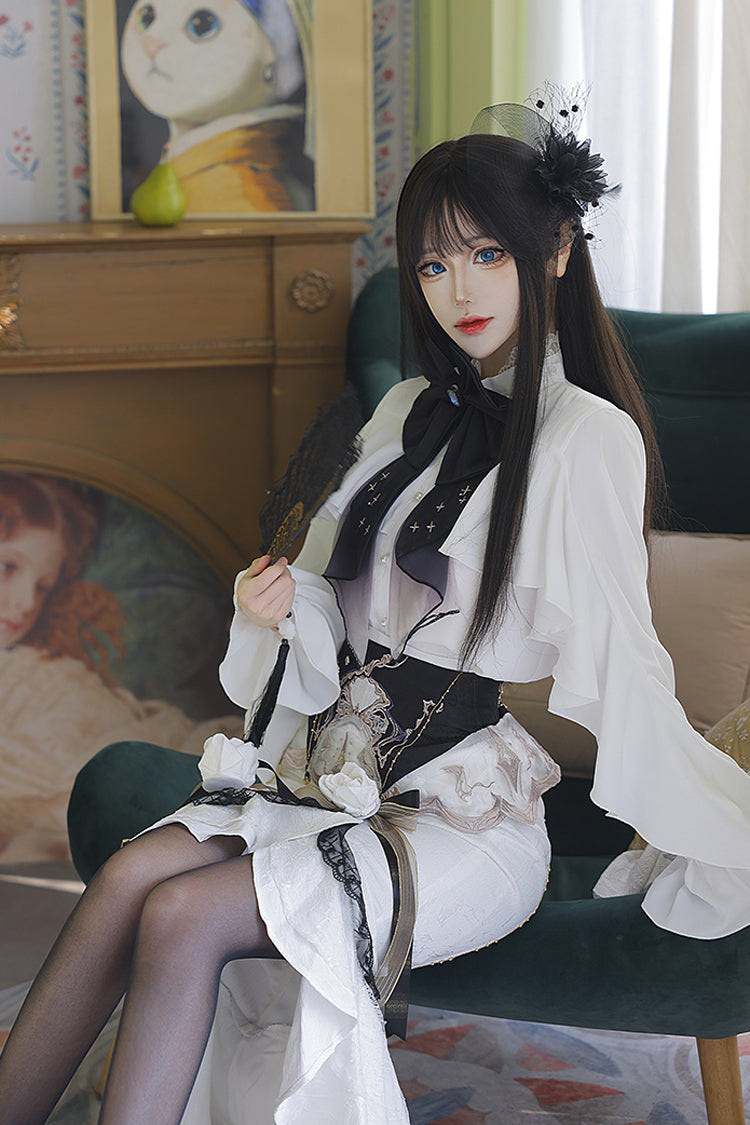 White [Star Gate] Jacquard Embroidery Bowknot Irregular Sweet Elegant Princess Lolita Skirt - Product - 8