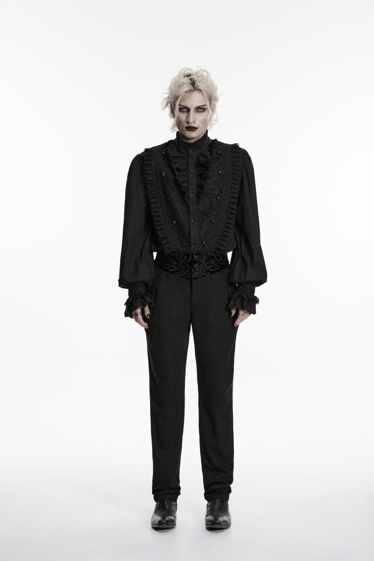 Black Embroidered Spliced Slim Men's Gothic Pants - Black - 1