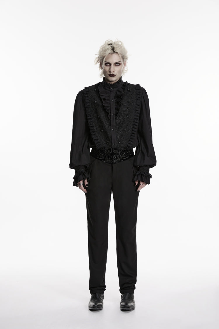 Black Embroidered Spliced Slim Men's Gothic Pants - Black - 1