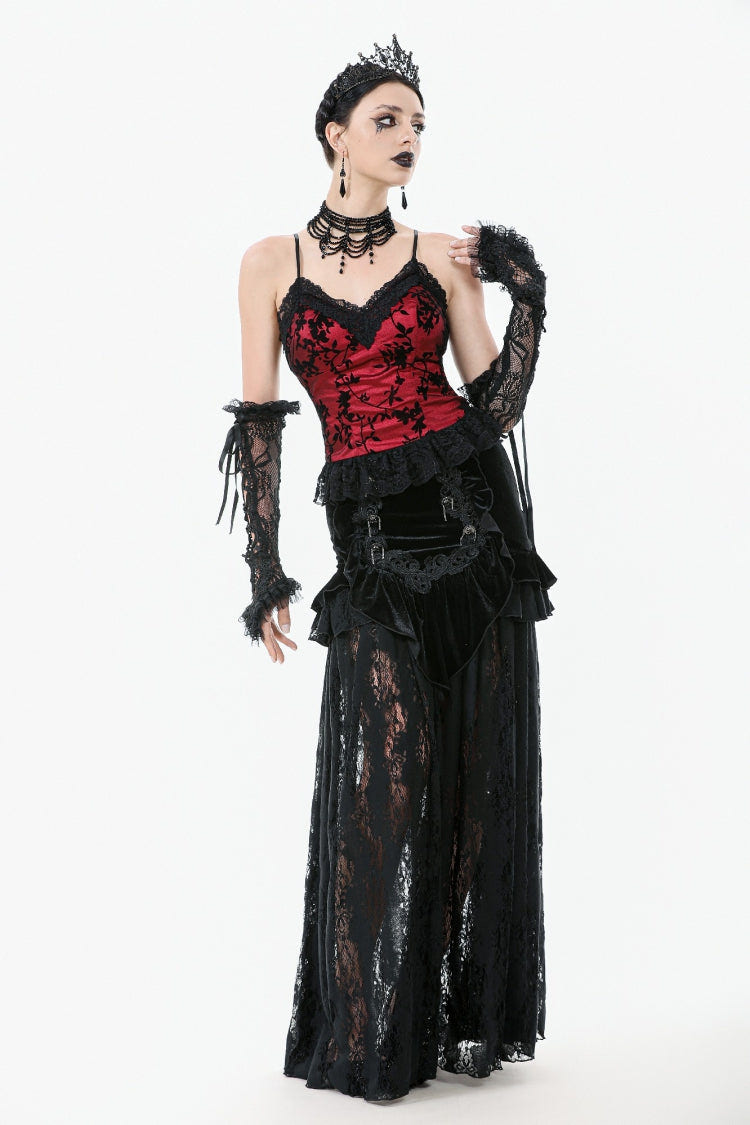 Black Multi-Layered Ruffled Velvet Spliced Lace Lace-Up Women's Gothic Long Skirt - Product - 9