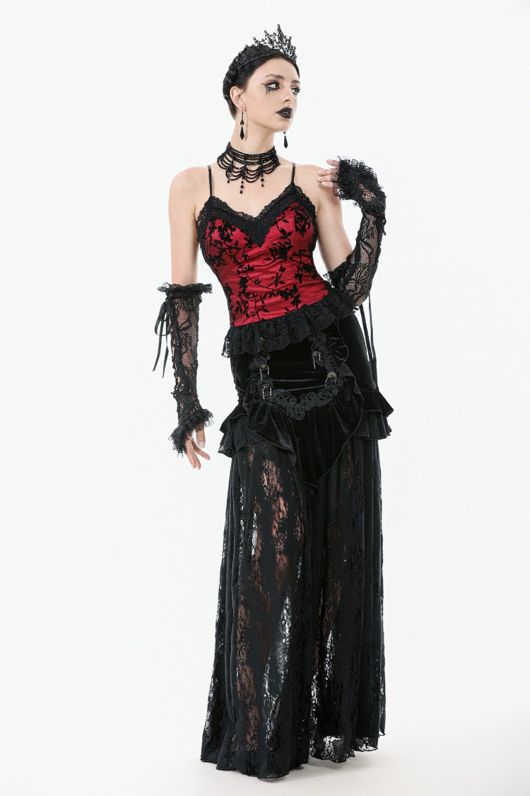 Black Multi-Layered Ruffled Velvet Spliced Lace Lace-Up Women's Gothic Long Skirt - Product - 9