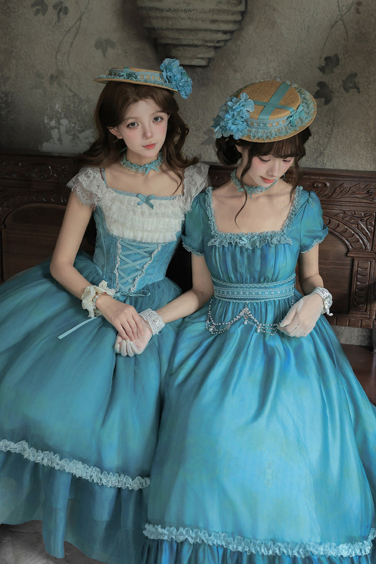 Blue/Green [Water Lily] Square Collar Ruffled Lace-Up Sweet Royal Lolita Dress 2 Versions - Product - 8