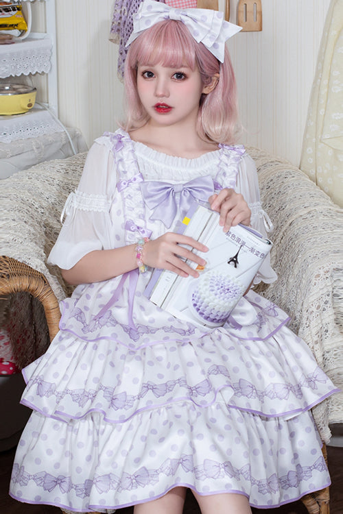 Polka Dot Print Sleeveless Bowknot Multi-Layer Ruffled High Waisted Sweet Lolita Tiered JSK Dress - Product - 2