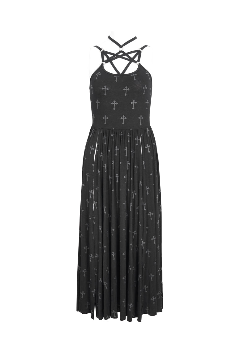 Black Print Strappy Split Womens Gothic Dress - Product - 7