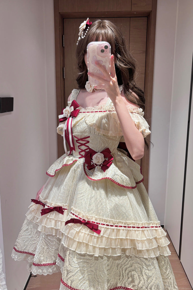 Ivory/Red [Tycoon's Daughter] Ruffle Bowknot Sweet Elegant Princess Lolita Jsk Dress - Product - 4