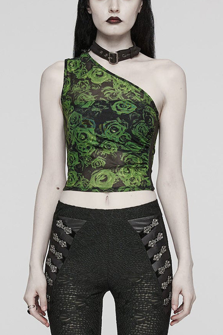 Asymmetrical Off Shoulder Sleeveless Print Womens Steampunk Halter Vest 2 Colors - Black/Green - 2