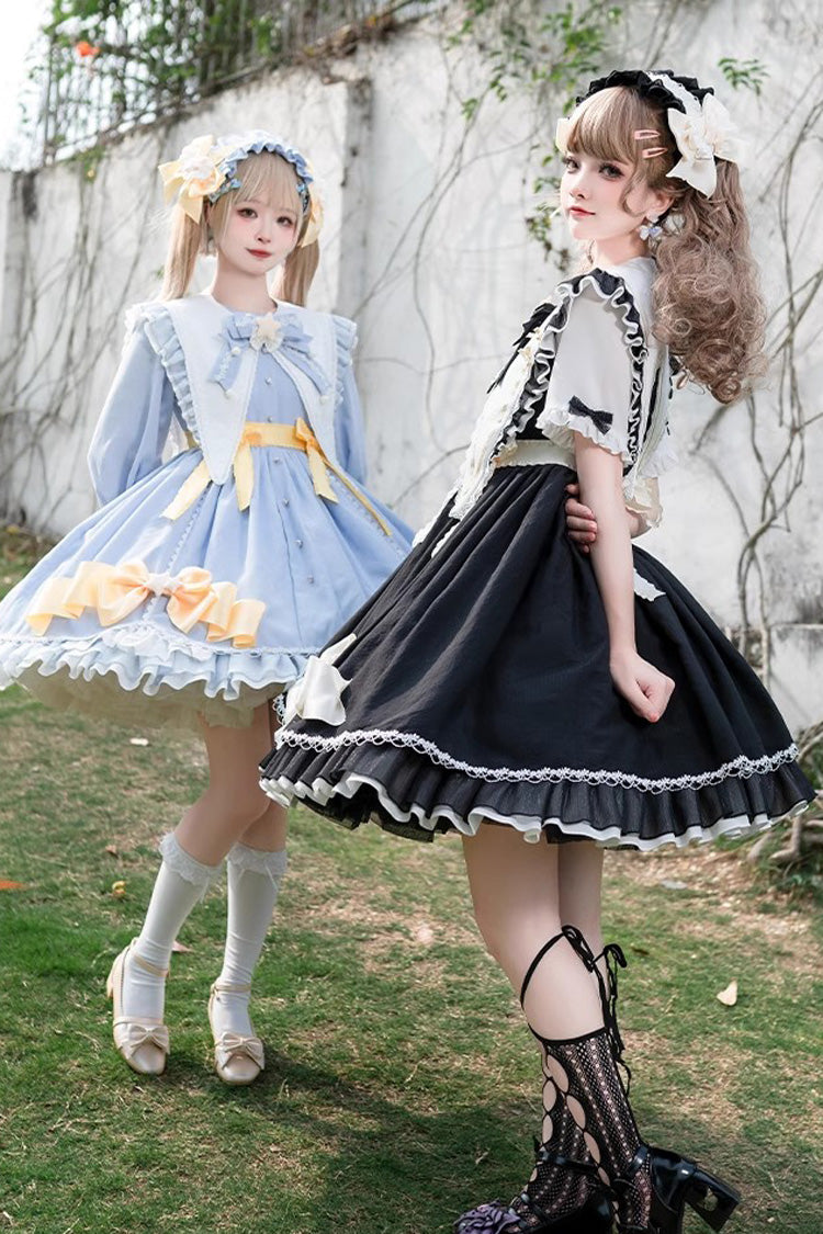 Black Sleeping Star Short Sleeves Ruffle Bowknot Lace Stitching Sweet Lolita Dress - Product - 2