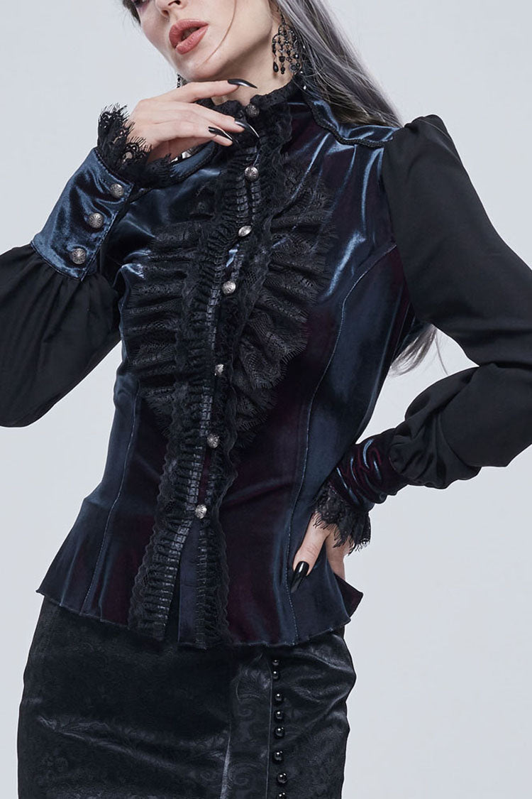Black Gothic Turtleneck Three-Dimensional Lace Lantern Sleeves Stitched Velvet Lace-Up Long Sleeves Women's Shirt - Black - 1