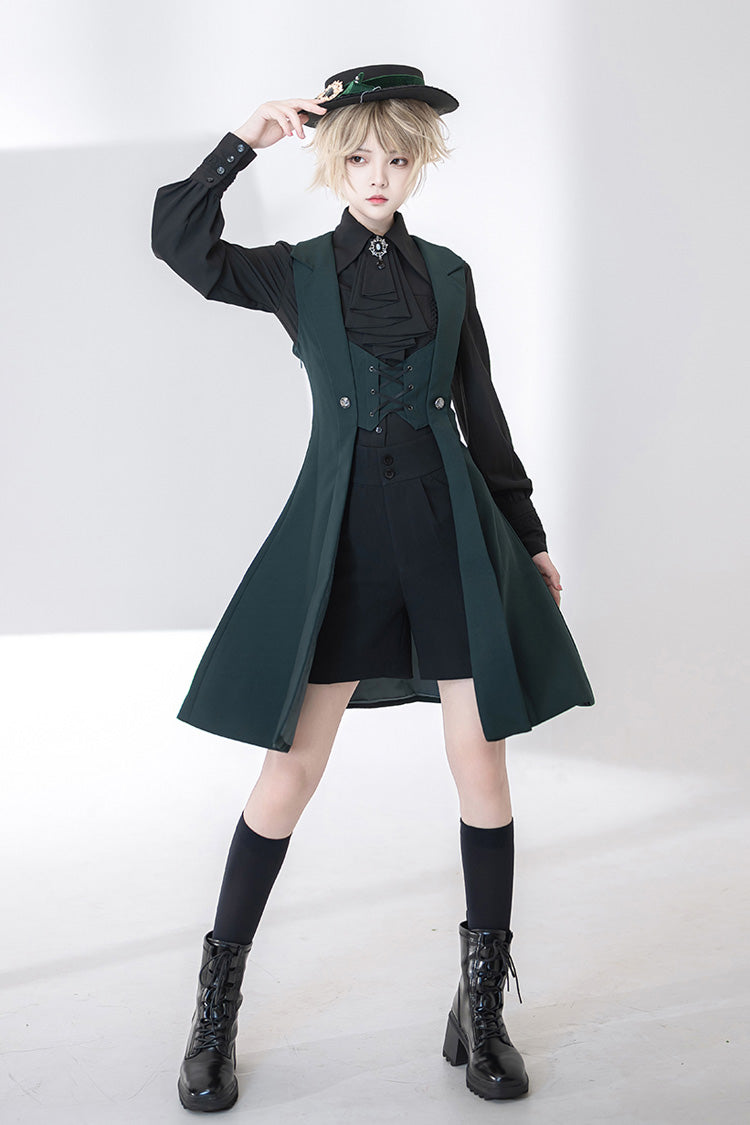 Green Lace-Up Slim Gothic Vintage Handsome Ouji Lolita Vest - Product - 4