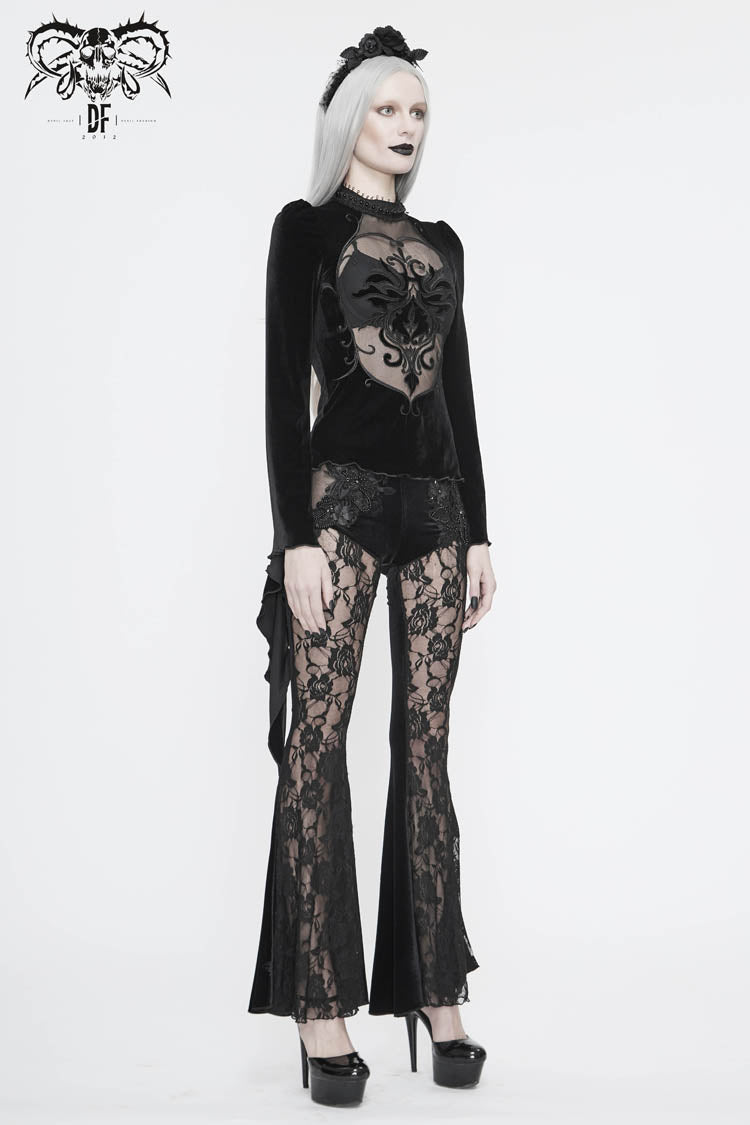 Black High Collar Front Chest Splice Mesh Embroidered Flare Sleeve Women's Gothic T-Shirt - Product - 7