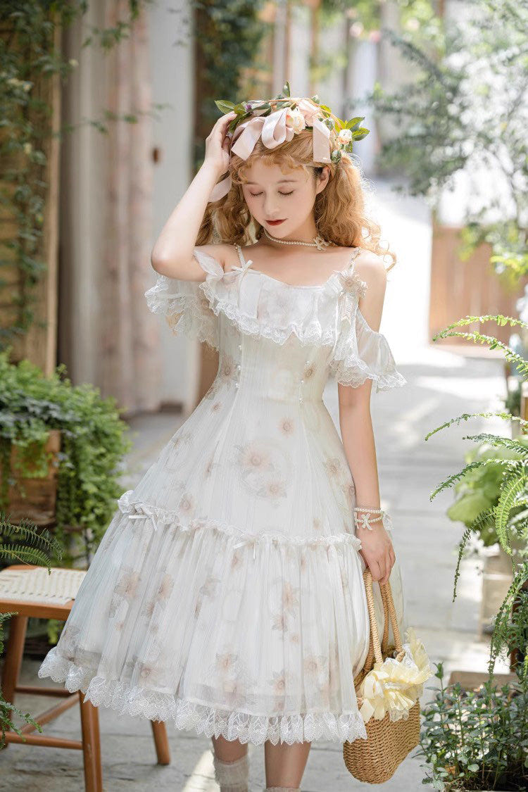 White Sunflower Dance Print Sweet Elegant Princess Lolita Jsk Dress - Product - 3