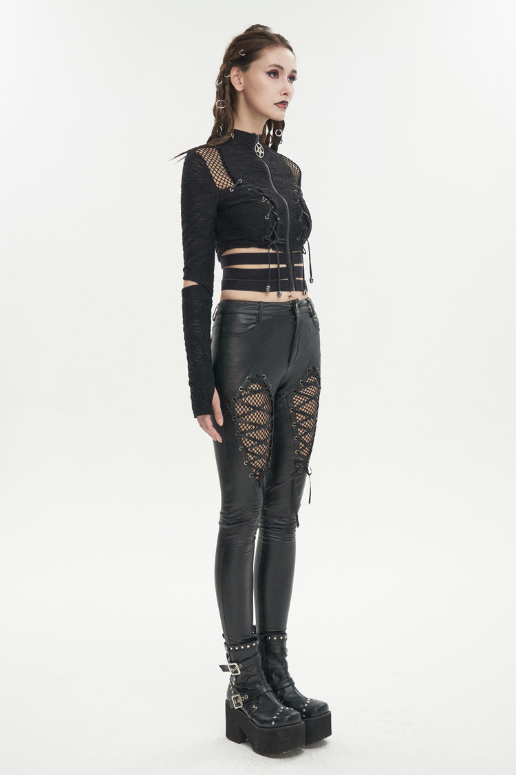 Black Ruched Strap Splice Mesh Long Sleeves Women's Gothic Shirt - Product - 4