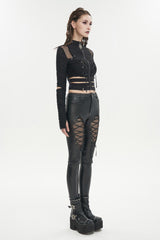 Black Ruched Strap Splice Mesh Long Sleeves Women's Gothic Shirt - Product - 4