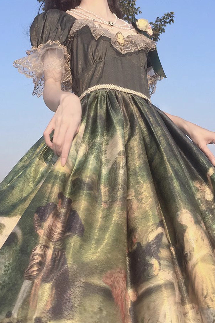 Green Short Sleeves Forest Dance Print Ruffle Sweet Elegant Lolita Dress - Product - 5