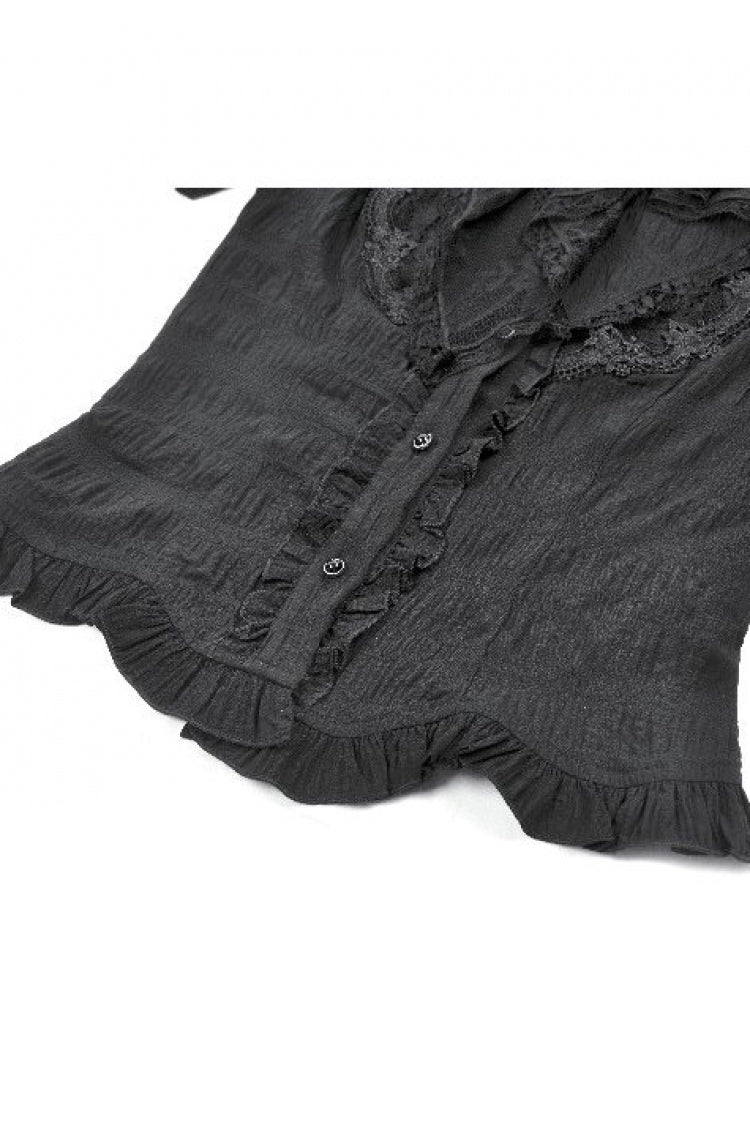 Black Stand Collar Short Puff Sleeves Sheer Lace Lace-Up Women's Gothic Blouse with Detachable Bowknot - Product - 16