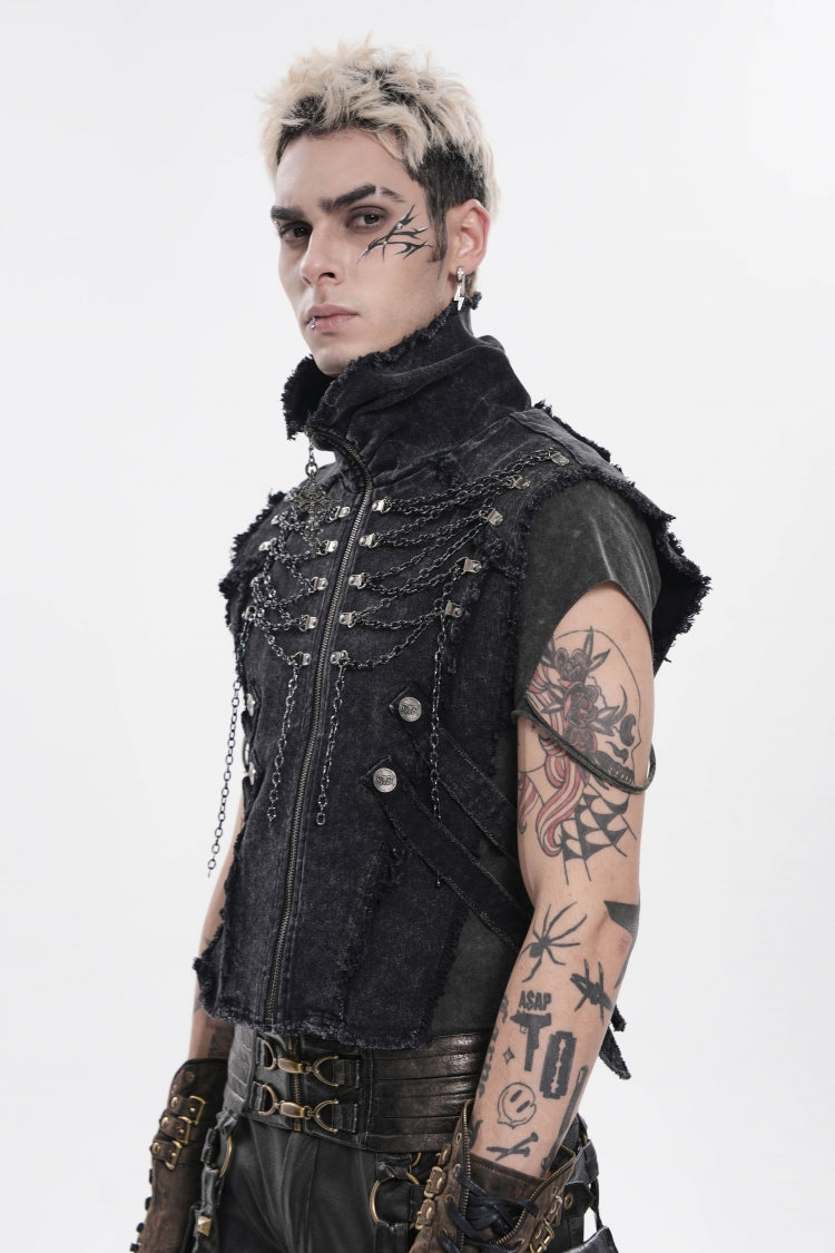 Black Stand Collar Sleeveless Zippered Chain-Decorated Men's Punk Cool Unedged Vest - Product - 7