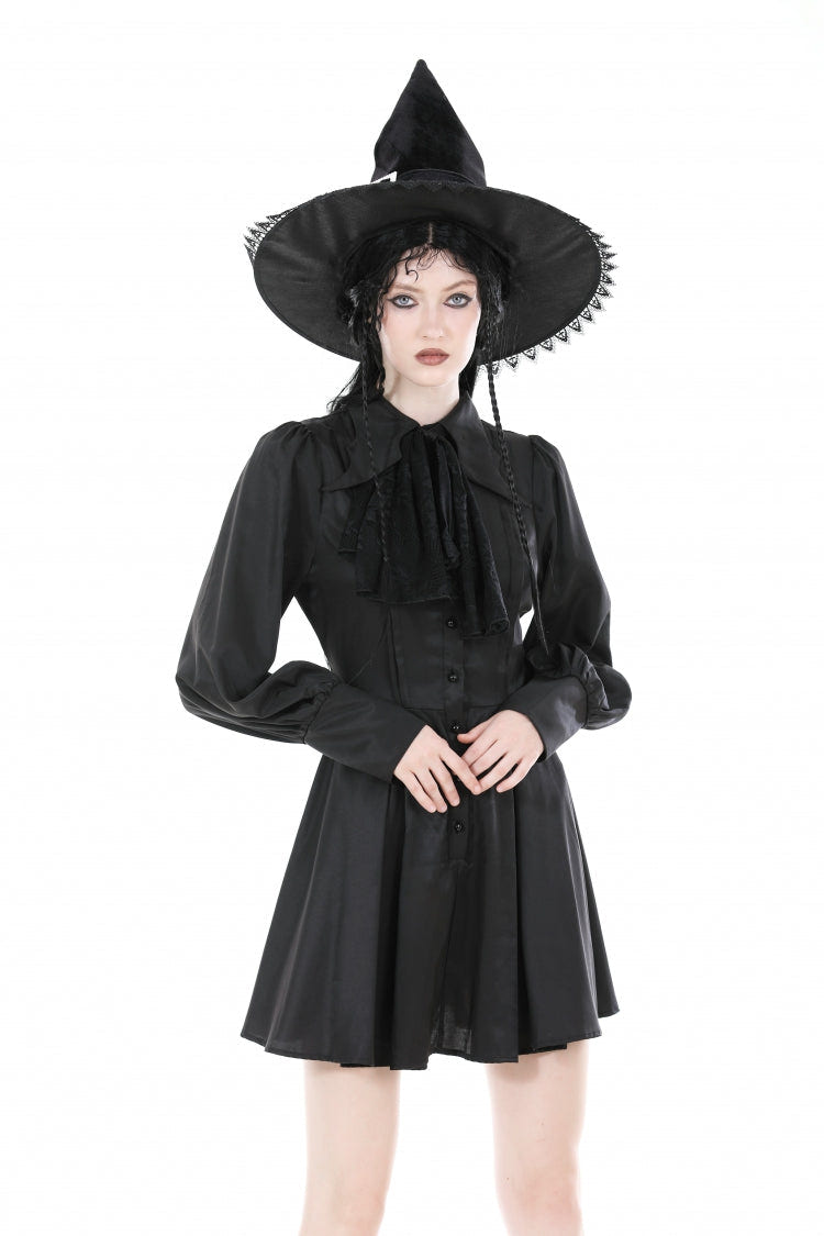 Black Turn-down Collar Long Lantern Sleeves Women's Gothic Dress with Necktie - Black - 1