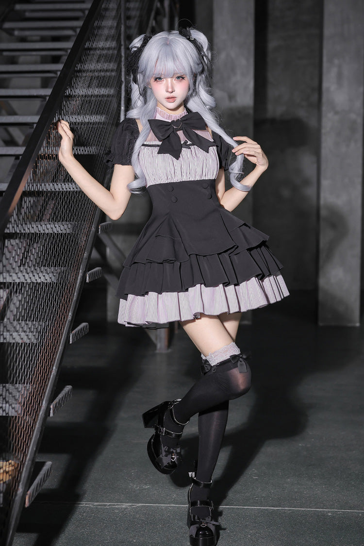 Classic Square Collar Halterneck Short Sleeves Triple-Layered Printed Ruffled Bow Cool Lolita Dress Set 2 Colors(Black, Grey) - Product - 10
