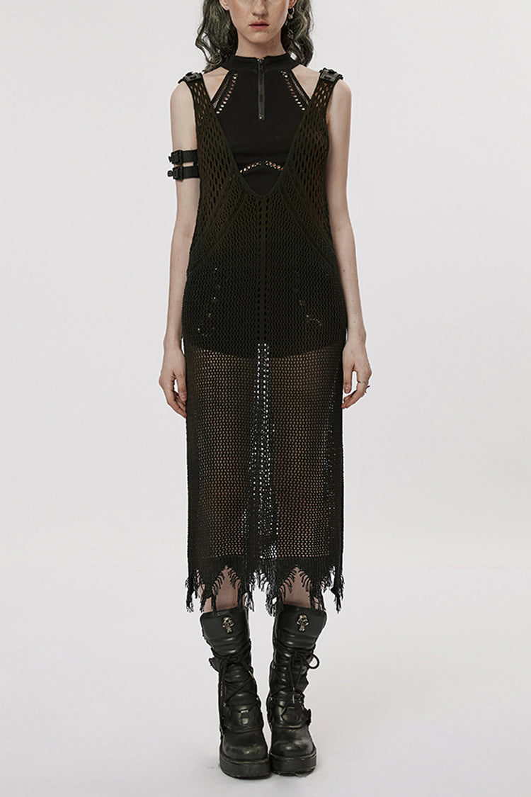 Black V Collar Knitted Hollow Mesh Women's Gothic Dress - Black - 1