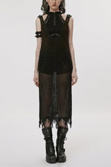 Black V Collar Knitted Hollow Mesh Women's Gothic Dress - Black - 1