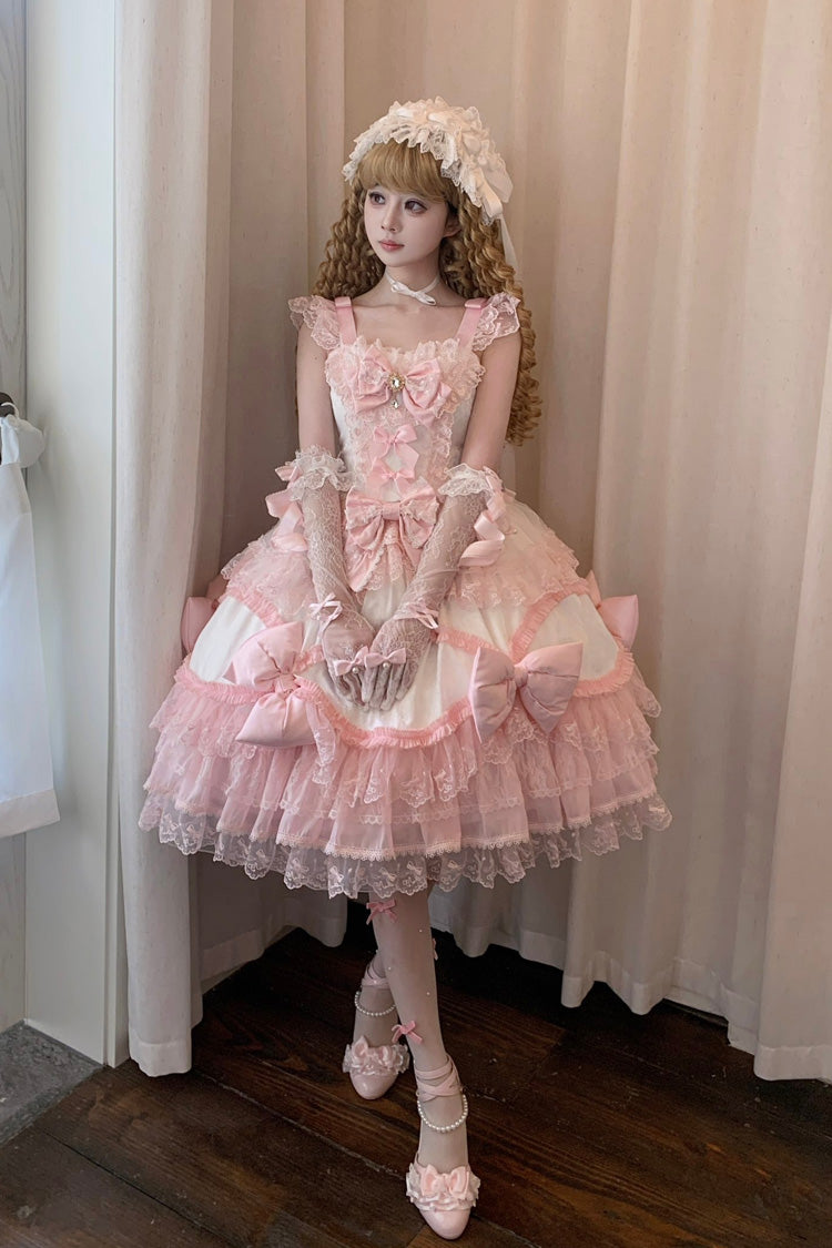 White/Pink [Flower Dream Isle] Square Collar Multi-Layered Ruffled Bow Lace Sweet Lolita Jsk Dress - White/Pink - 1