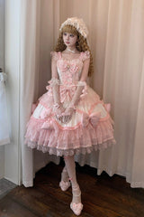 White/Pink [Flower Dream Isle] Square Collar Multi-Layered Ruffled Bow Lace Sweet Lolita Jsk Dress - White/Pink - 1