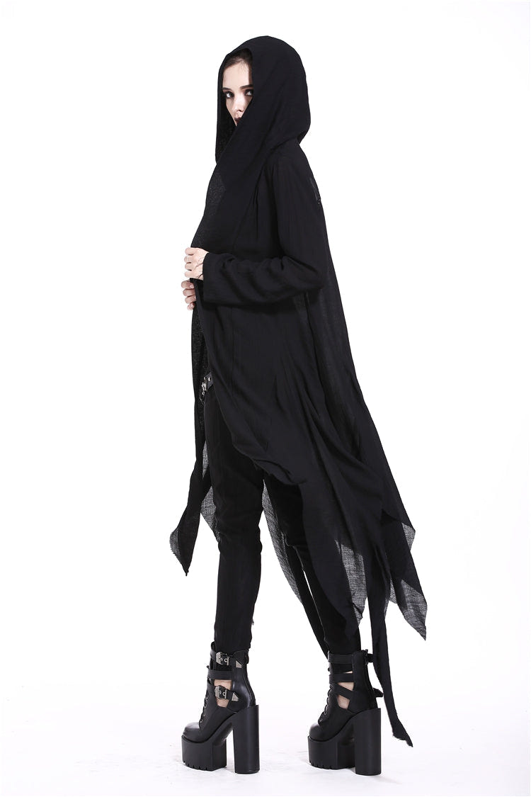 Black Long Sleeves Women's Grungy Gothic Vintage Hooded Coat - Product - 10