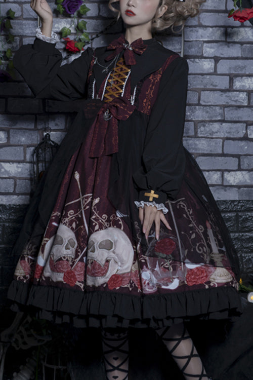 Black/Red Lapel Collar Long Sleeves High Waisted Printed Gothic Lolita OP Dress - Black/Red - 1