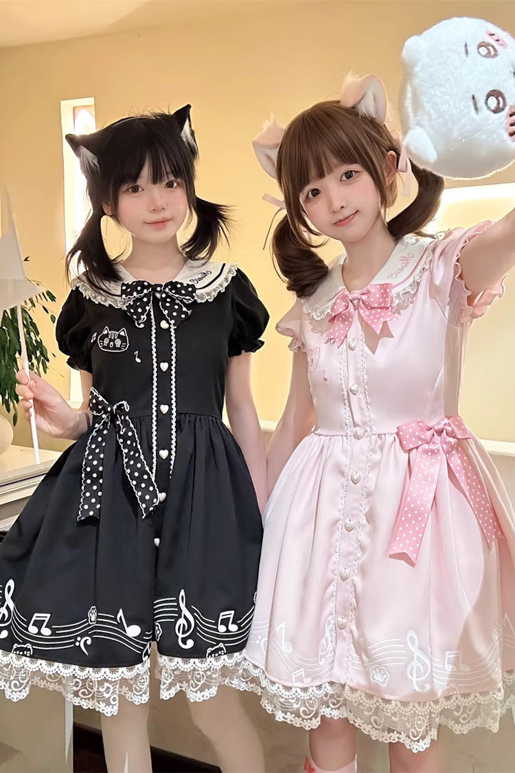 Black [Melody Kitty] Doll Collar Short Sleeves Ruffled Embroidered Bow Lace Sweet Lolita Dress - Product - 6