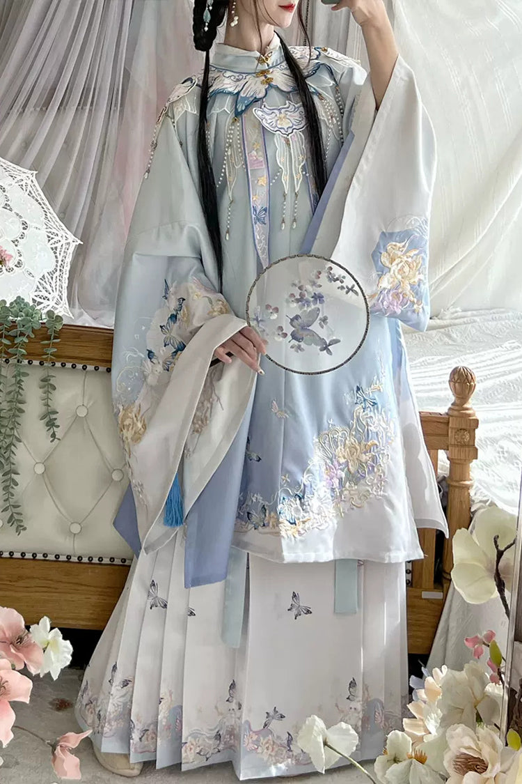 Multi-Color Stand Collar Print Embroidery Sweet Hanfu Dress - Multi-Color - 1