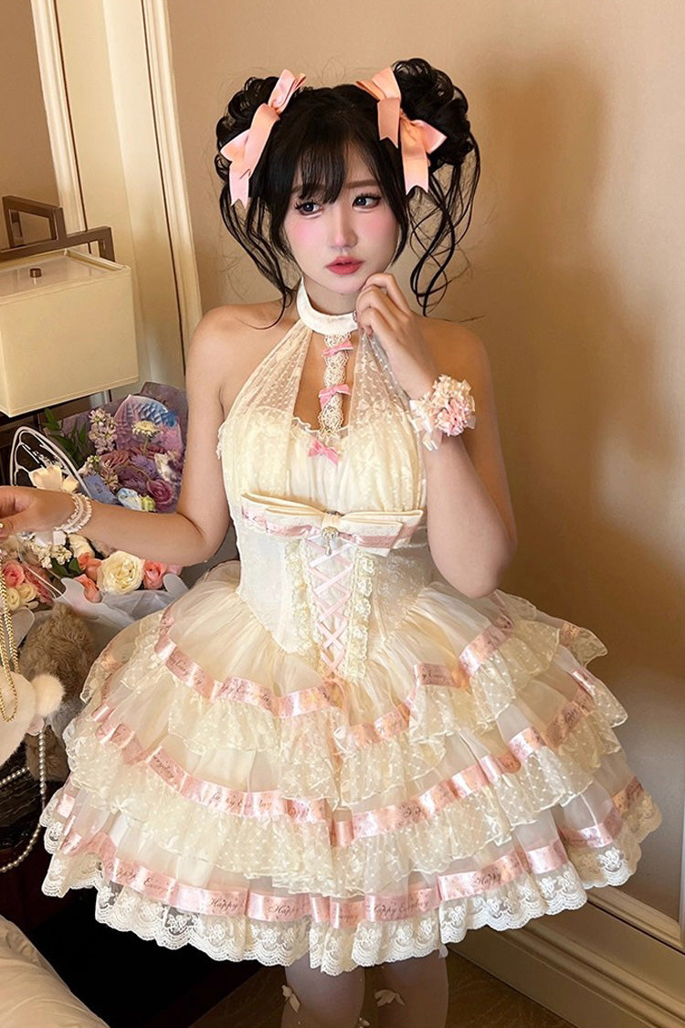 Beige [Ballet Dream] Halterneck Triple-Layered Ruffle Bowknot Lace-Up Sweet Princess Lolita Dress - Beige - 1