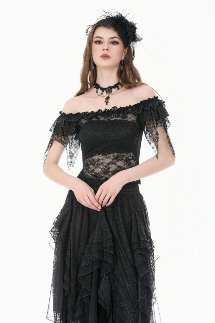Black Off Shoulder Floral Sheer Lace Women's Gothic Top - Product - 5