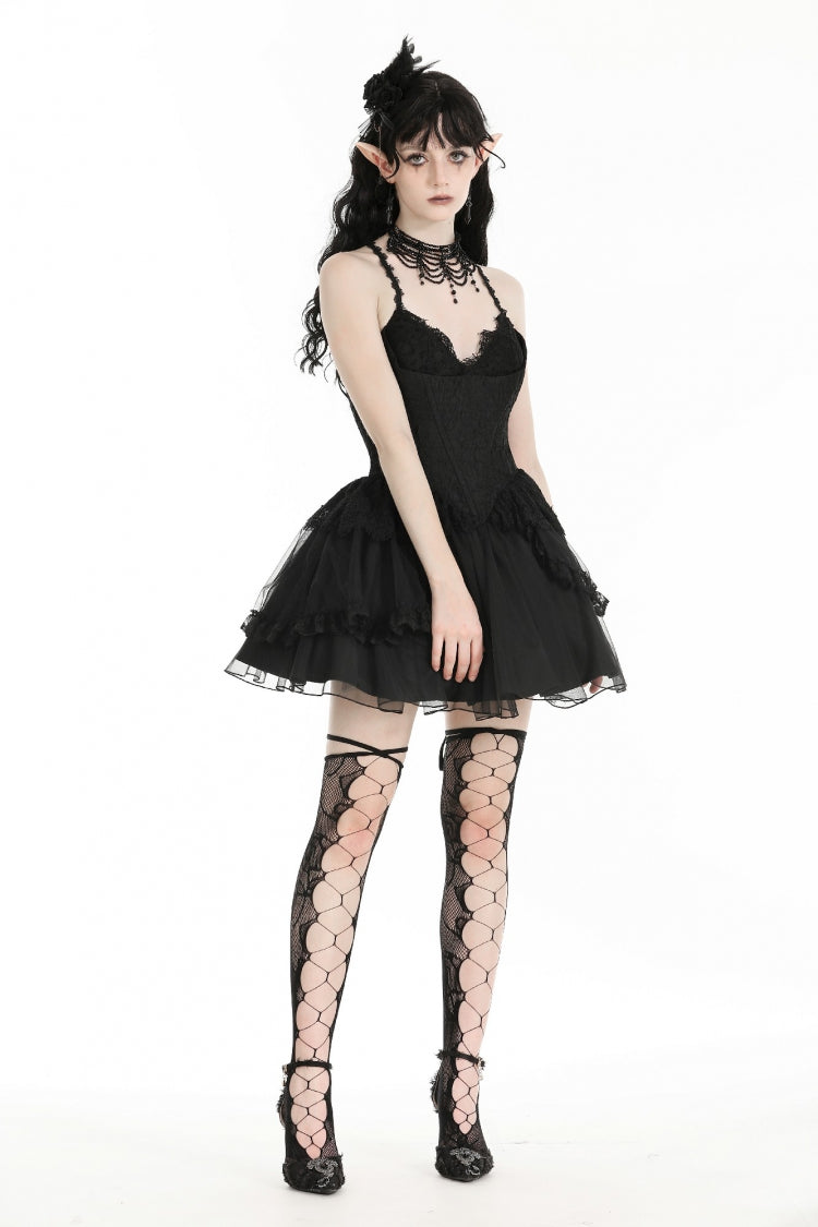 Black V Collar Sleeveless Multi-Layered Lace Trim Lace-Up Women's Gothic Party Slip Graduation Dress - Product - 7
