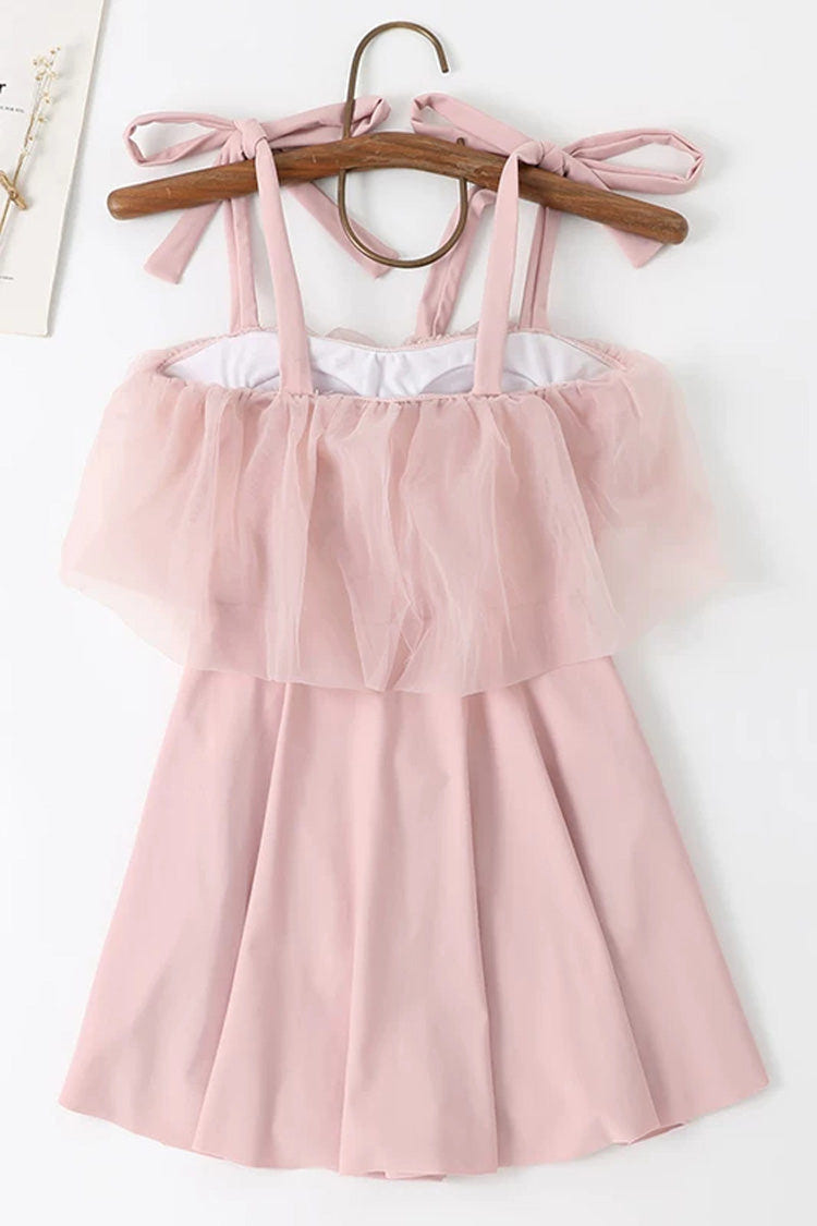 Pink Sleeveless Ruffled Lace-Up Sweet Japanese Lolita One-Piece Swimsuit - Product - 3