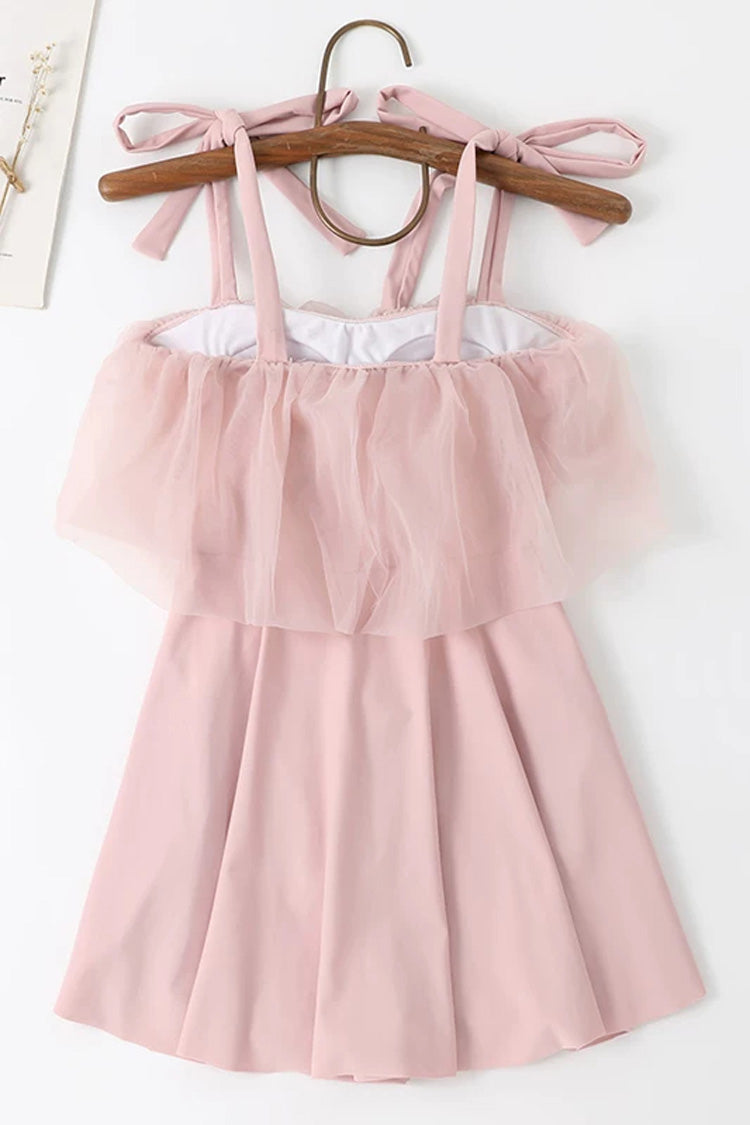 Pink Sleeveless Ruffled Lace-Up Sweet Japanese Lolita One-Piece Swimsuit - Product - 3