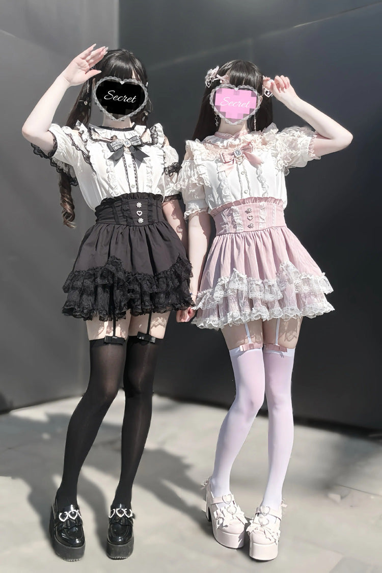 Jirai Kei Sweet Double-Layered Jacquard Ruffled Lace Japanese Skirt Set 2 Colors - Product - 4