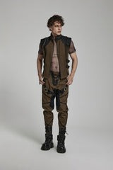 Brown Stand Collar Side Waist Webbing Decorative Stitching Mens Steampunk Vest - Product - 4