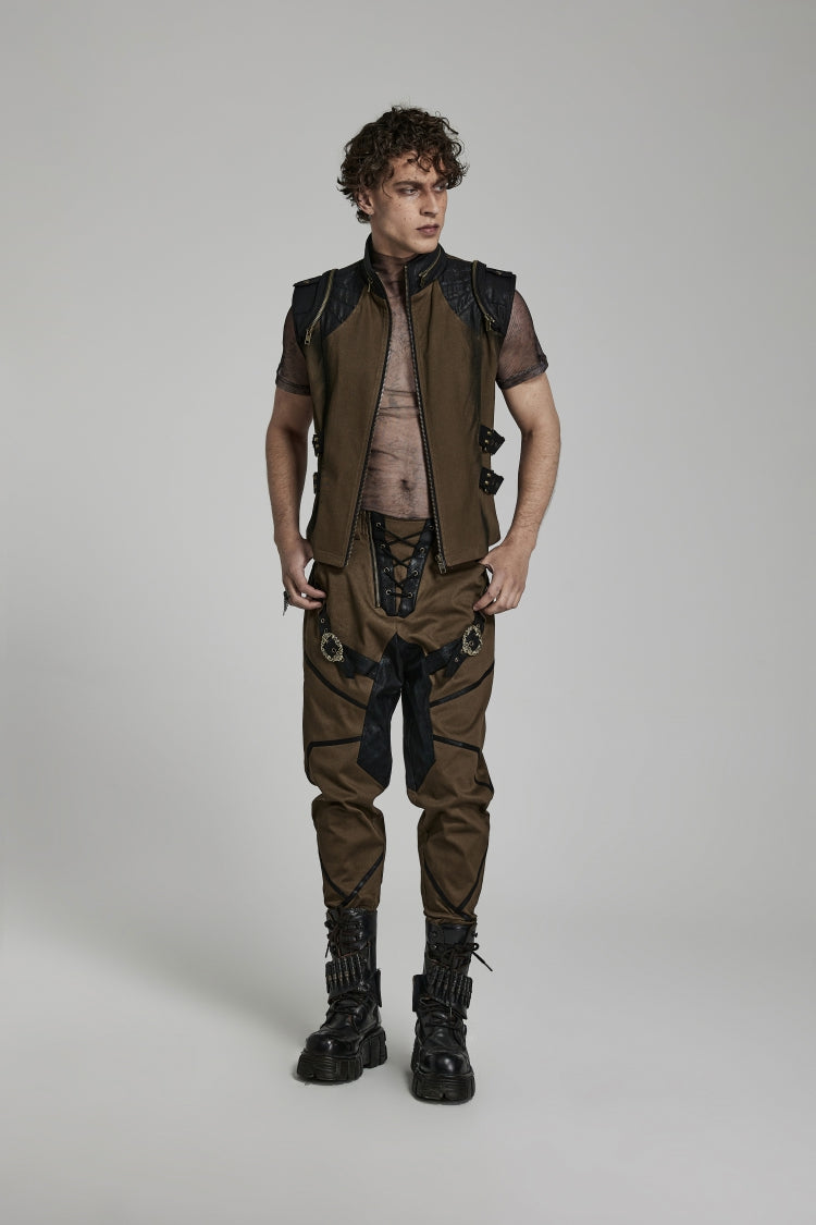 Brown Stand Collar Side Waist Webbing Decorative Stitching Mens Steampunk Vest - Product - 4