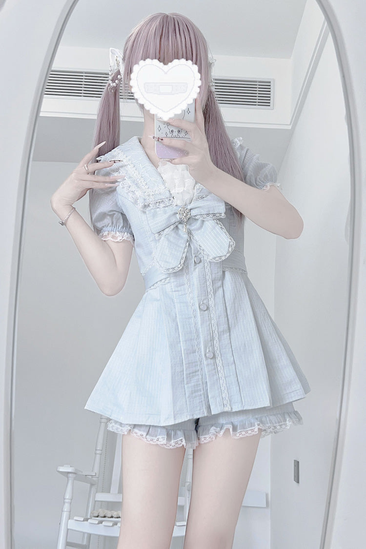 Aqua [Serenade] Short Sleeves Ruffle Bowknot Lace Sweet Jirai Kei Dress Set - Aqua - 1