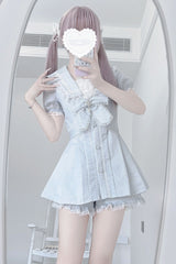 Aqua [Serenade] Short Sleeves Ruffle Bowknot Lace Sweet Jirai Kei Dress Set - Aqua - 1