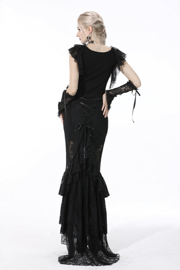 Black Plunging V Collar Short Sleeves Ruffled Lace Sexy Women's Gothic Crop Top - Product - 4