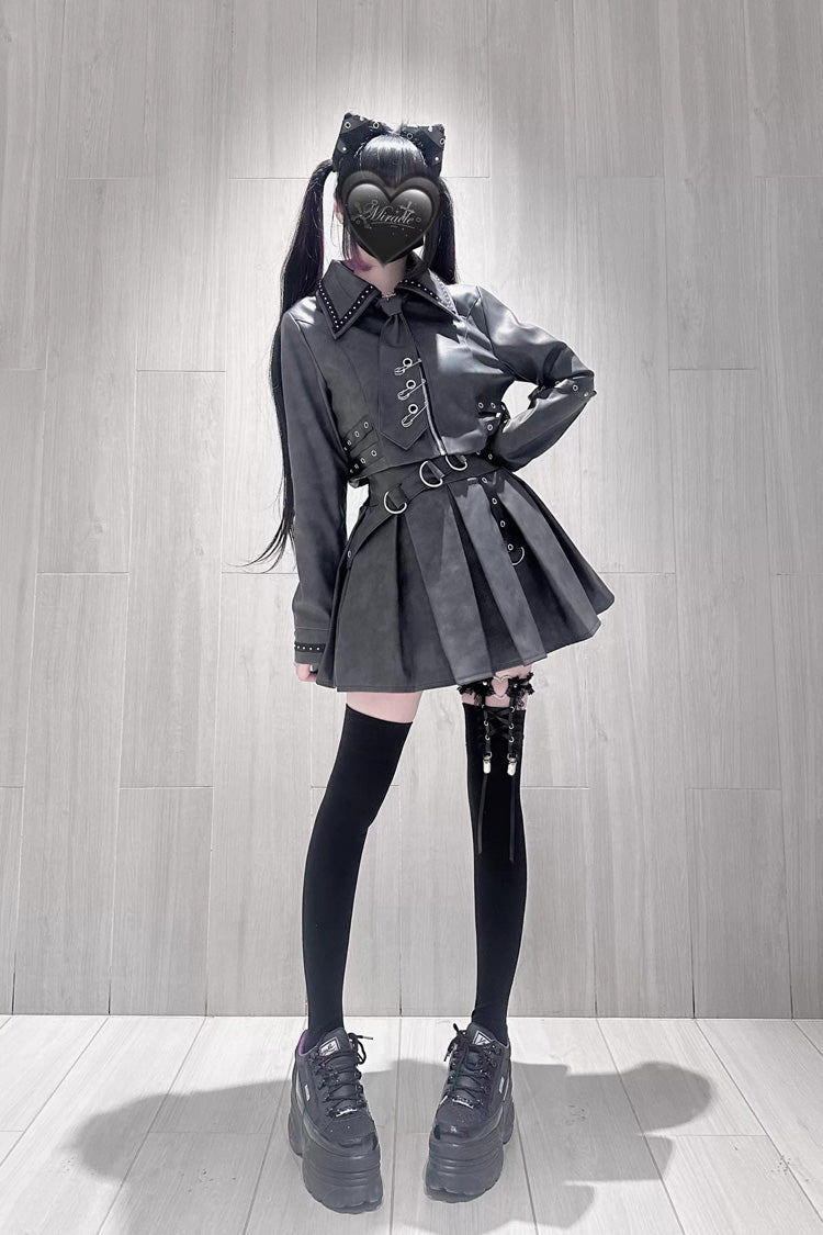 Black [Eternal Night of Bones] Lapel Collar Long Sleeves Studded Eyelet Gothic Jirai Kei Japanese Handsome Top and Skirt Set - Product - 8