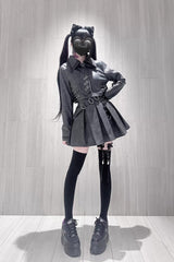 Black [Eternal Night of Bones] Lapel Collar Long Sleeves Studded Eyelet Gothic Jirai Kei Japanese Handsome Top and Skirt Set - Product - 8