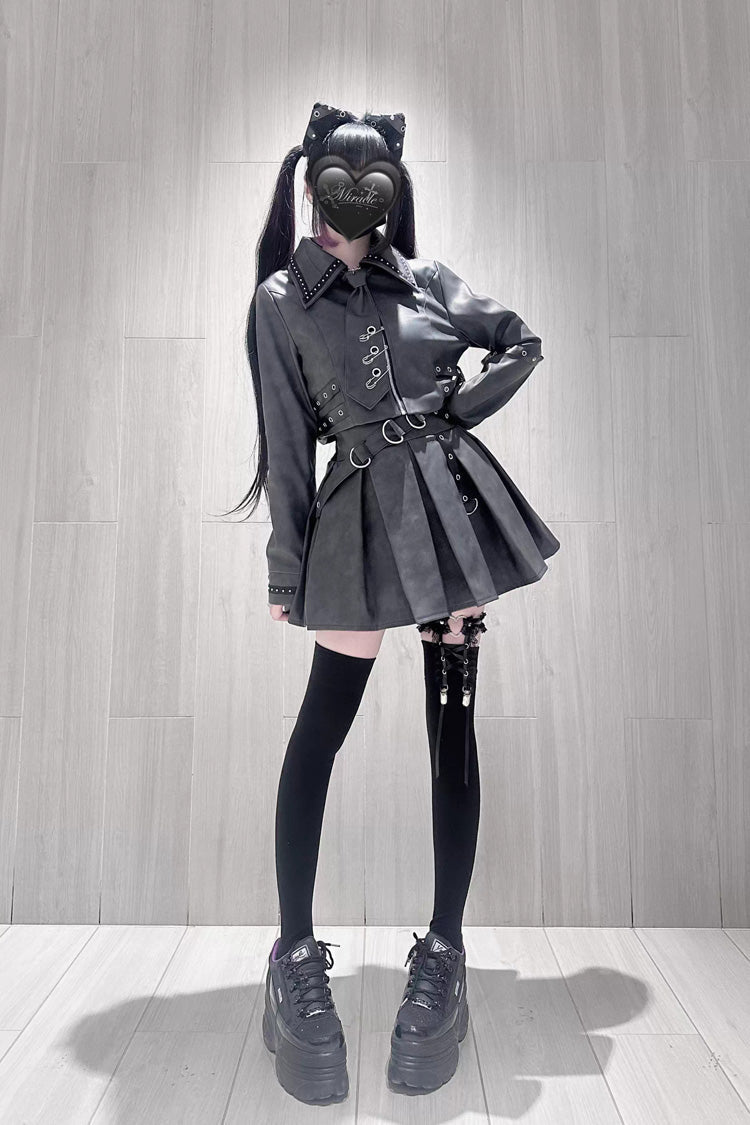 Black [Eternal Night of Bones] Lapel Collar Long Sleeves Studded Eyelet Gothic Jirai Kei Japanese Handsome Top and Skirt Set - Product - 8